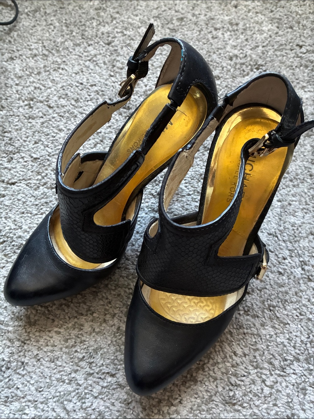 Michael Kors Black T-Strap Pointed Toe Heels with Gold Insole